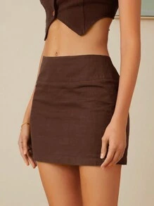 SHEIN EZwear 純色修身鉛筆裙 - 棕色 - 查看 4