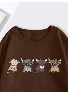 INAWLY Ladies' Cartoon Pattern Round Neck Sweatshirt,Long Sleeve Tops Pullover Fall Sweatshirt - Coffee Brown - View 4