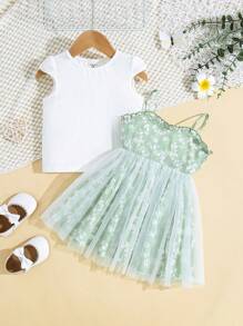 SHEIN Robe décontractée et douce pour bébé fille avec Top à manches courtes de couleur unie et robe à contraste en maille florale - Blanc - Voir 7