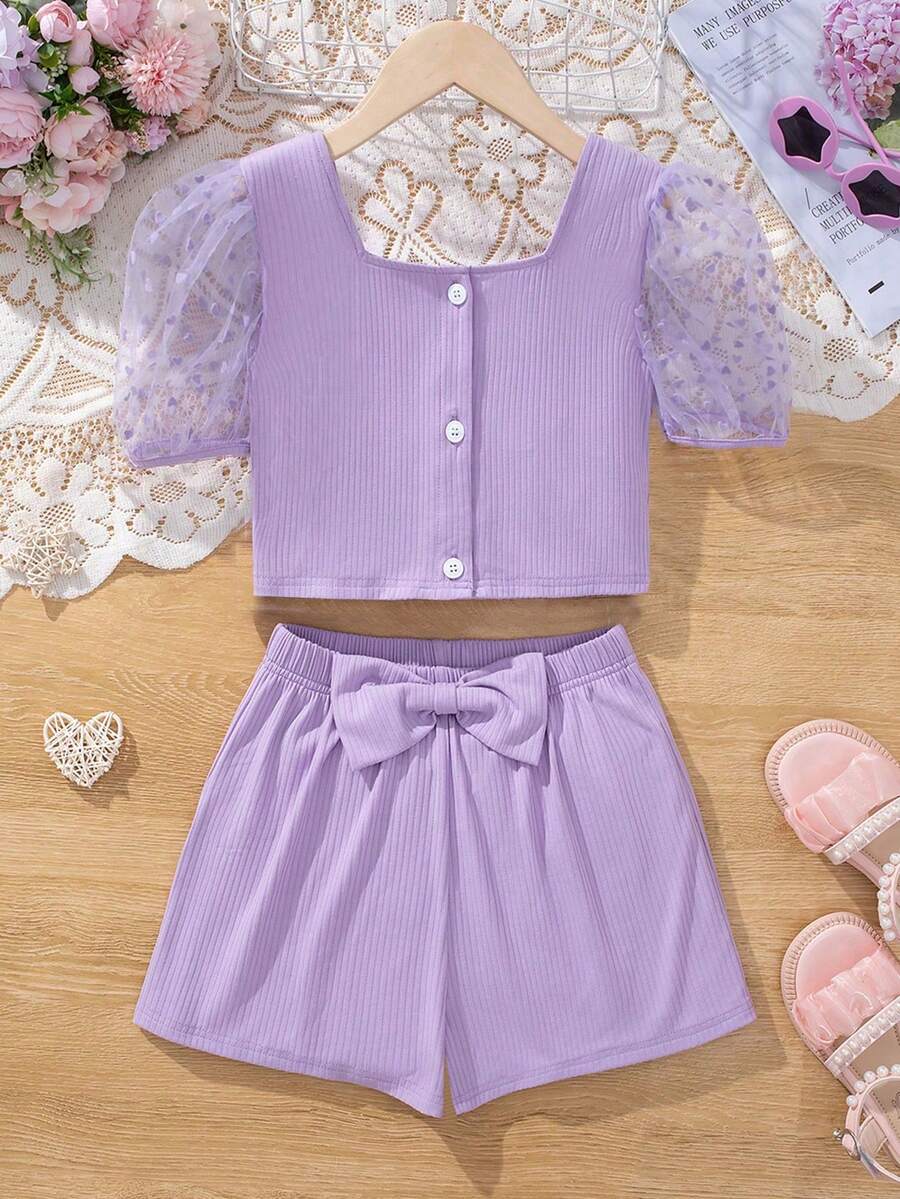 Cô gái Tween Dệt kim Màu thuần Cổ vuông Ống tay áo Áo Và Bộ quần short - Màu tím hoa cà - Xem 1