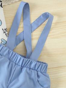 Conjunto De San Valentín Para Bebé Niño, Rompe-camisa Con Estampado De Corazones Y Letras Con Tirantes Shorts De Color Sólido Estilo Caballero - Azul - Ver 4