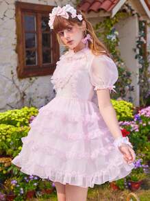 ROMWE PUNK Women's Mesh Ruffle Short Puff Sleeve Dress, School - Pink - View 3