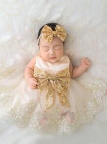 SHEIN 2pcs Newborn Baby Girls' Glitter Bow Decorated Embroidery Mesh Splice Dress With Headband For Photography - Champagne - View 3