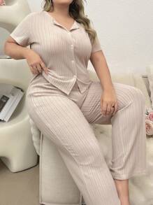 Plus-Size Solid Color Ribbed Knit Casual Pajama Set
