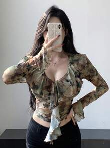 DAZY 女士綁染蝴蝶印花網布衫,帶標語,波浪袖和下擺 - 棕色 - 查看 4