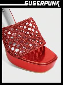 Sugerpunk Y2k編織空心厚底粗跟紅色高跟涼鞋女夏季紅色鞋子 - 酒紅色 - 查看 3