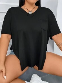 Flirla Kích thước lớn Của phụ nữ Lỏng lẻo Cổ chữ V Áo thun Với túi - màu đen - Xem 6