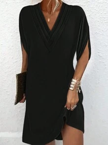 SHEIN LUNE Vestido De Color Sólido Con Mangas Amplias - Negro - Ver 1