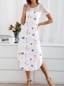 EMERY ROSE Của phụ nữ Vá lại Ren & In hoa Vòng cổ Ngắn tay Đầm Midi Cho mùa xuân - trắng - Xem 3