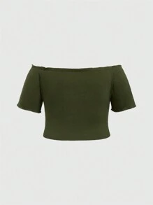 ROMWE Fairycore Plus Size Casual Vine Embroidered Off-Shoulder Front Button T-Shirt - Army Green - View 2