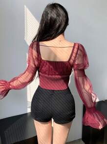 DAZY 女式方領網狀長袖襯衫 - 紅色 - 查看 2