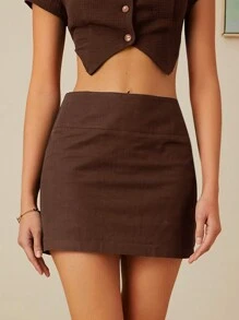 SHEIN EZwear 純色修身鉛筆裙 - 棕色 - 查看 5