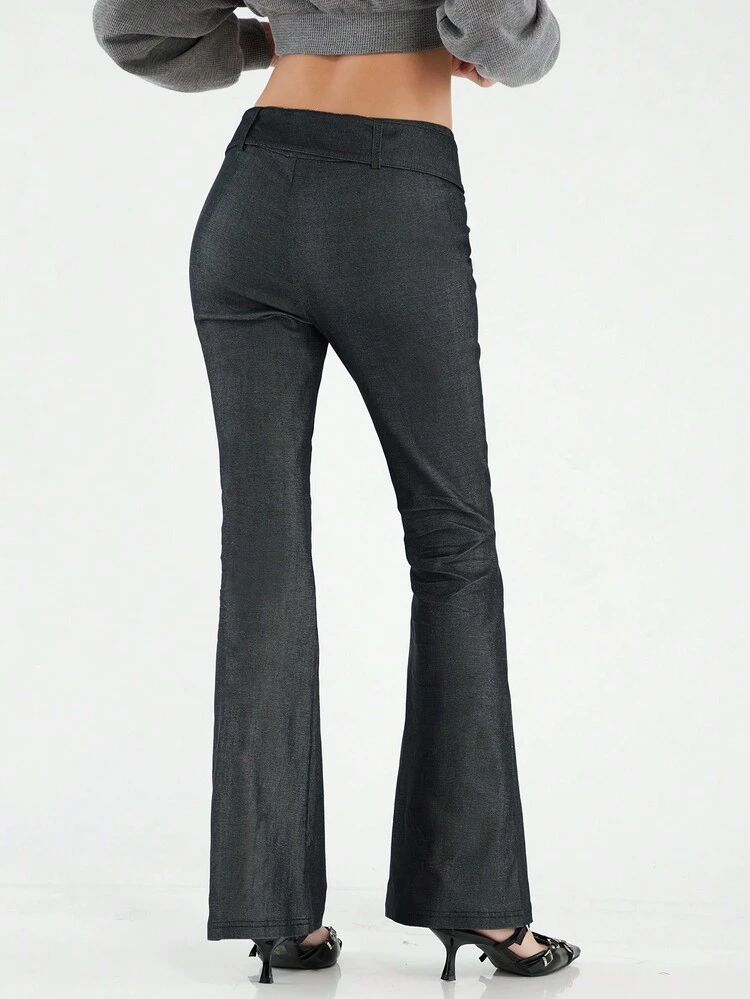 Women's Vintage Grey High Waist Belt Slimming Flare Pants With Elasticity