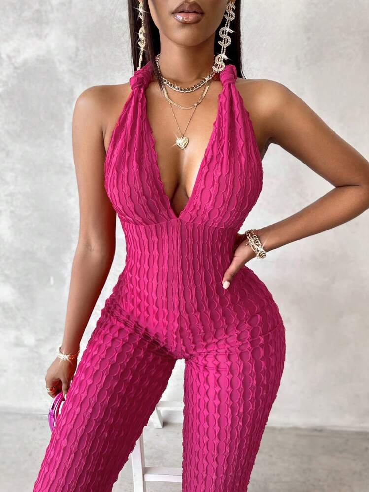 VaVaBold Monocromo Mono Sin Mangas Con Escote Halter Y Espalda Descubierta - Rosa Fucsia - Añade 4