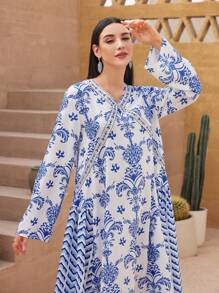 Al Najma 女式花卉印花长袖夏季休闲阿拉伯连衣裙 - 藍白色 - 查看 5