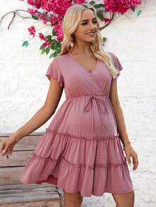 SHEIN Vestido De Maternidad Plisado Con Borde Fruncido Y Borde Con Volantes - Rosa - Ver 5