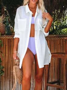 女士纯色休闲沙滩单排扣衬衫夏季