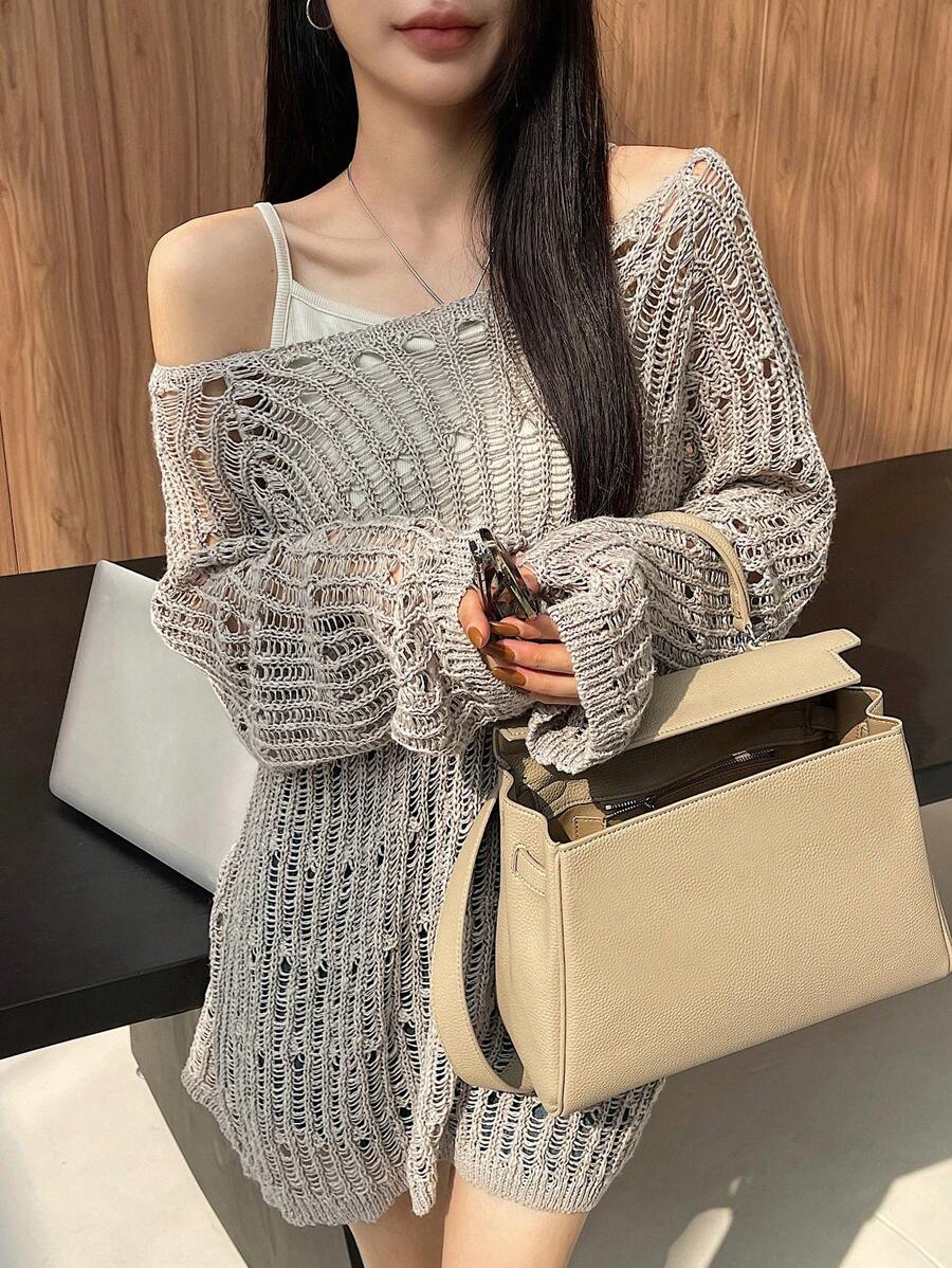 DAZY Solid Color Loose Fit Hollow Out Wide Round Neck Sweater For Women Off Shoulder Sweater,Long Sleeve Tops Summer Sheer Fall - Light Grey - View 1