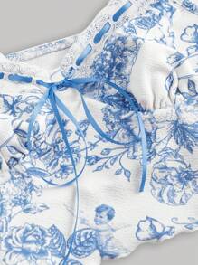 SHEIN MOD Women's Floral Printed Spaghetti Strap Top And Skirt Set - Blue and White - View 3
