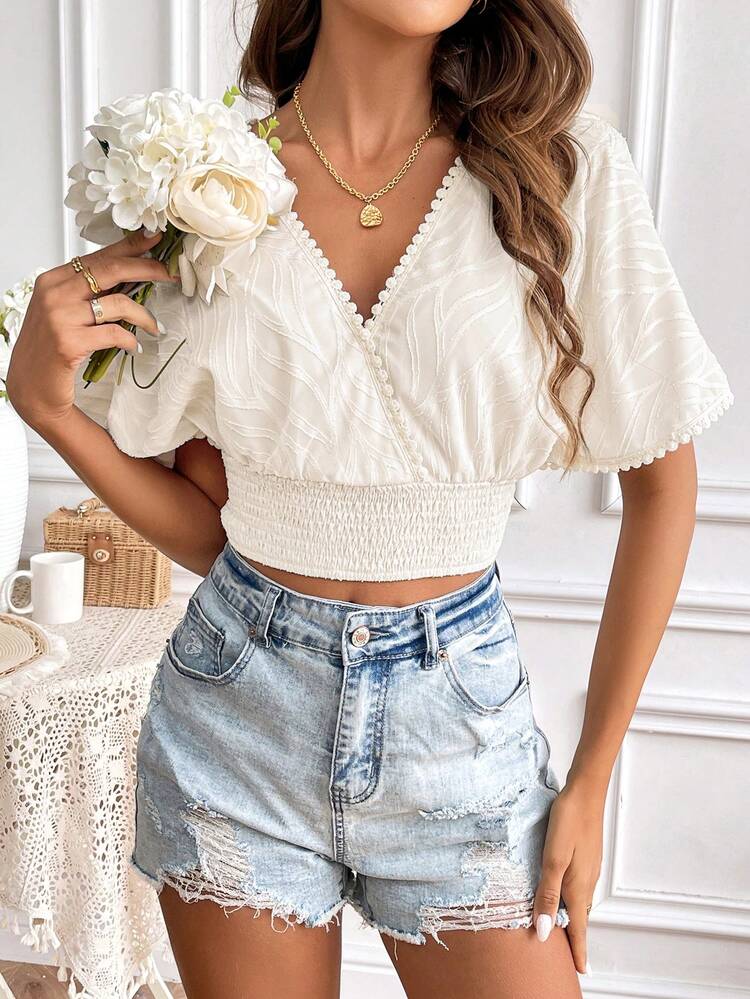 SHEIN Frenchy Của phụ nữ Quần skinny Áo sơ mi Với Textured Chất vải Và Trở lại Thắt Thiết kế - Màu be - Xem 2