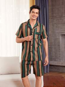 男士垂直條紋短袖襯衫和家居服套裝 - 軍綠色 - 查看 5