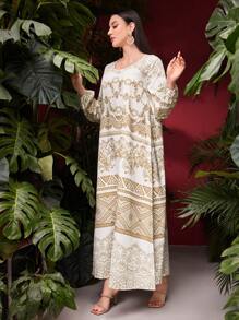 Al Najma Vintage Women's Lantern Sleeve Printed Dress