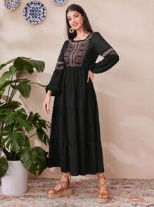 Al Najma 女款定位花卉图案灯笼袖连衣裙 - 黑色 - 查看 4