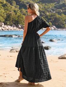 SHEIN VCAY 夏季海滩装度假女士单肩连衣裙 - 黑色 - 查看 6
