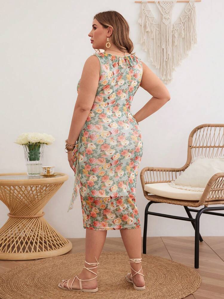 Plus Size Summer Holiday Green Romantic Rose Print Dress With Ruffle Trim Decoration For Valentine's Day
