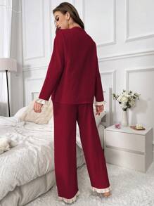 女式长袖上衣和荷叶边下摆睡衣套装 - 酒紅色 - 查看 2