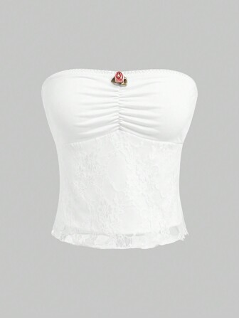 Kawaii Women's Sweet Minimalist Sexy Style Solid Color Lace Spliced Rose Decorated Tube Top With Bust Pleats And Short Length