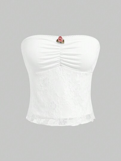 Kawaii نساء لطيف الطراز البسيط الجذاب، ملابس علوية أنبوبية بطول قصير مزينة بالدانتيل والوردة، لون قطني ذو طيات حول الصدر