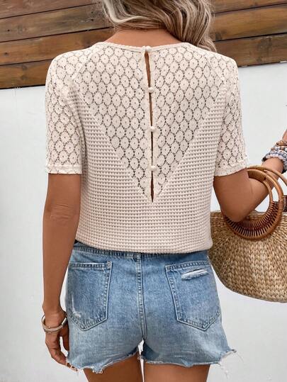 SHEIN Frenchy Back Women's Lace Patchwork Textured T-Shirt,Summer Shirts,Front Buttons V-Neck Lace Tee Casual