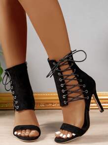 Mùa Hè 2024 Cao Gót Rỗng Ra La Mã Giày Sandal Chống Thấm Nước Đế Peep Toe Giày Bốt Dành Cho Phụ Nữ Có Gót Mỏng, khóa Dây Kéo - màu đen - Xem 5