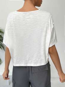 SHEIN EZwear Women's Round Neck Drop Shoulder T-Shirt - White - View 2
