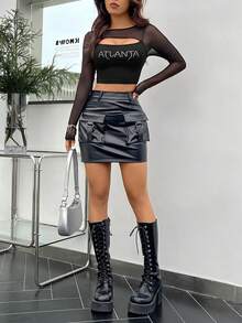 SHEIN ICON Camiseta De Manga Larga Con Detalle De Diamante Y Forma De Letra Calada Con Empalme De Malla Para Mujer - Negro - Ver 5