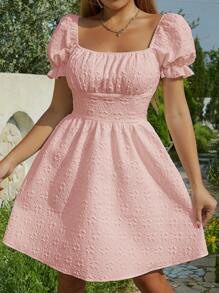 SHEIN Qutie Pleated Texture Fabric Dress With Gathered Bust Design - Pink - View 5