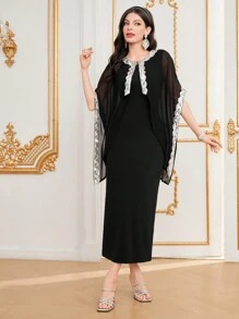 Modelyn Women's Glitter Inset Cape Dress Long Evening Dresses