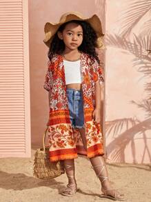 SHEIN 少女日常休閒春夏花卉圖案開襟和服