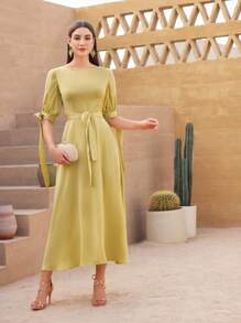 Modelyn Knotted Split Sleeve A-line Dress - Yellow - View 1