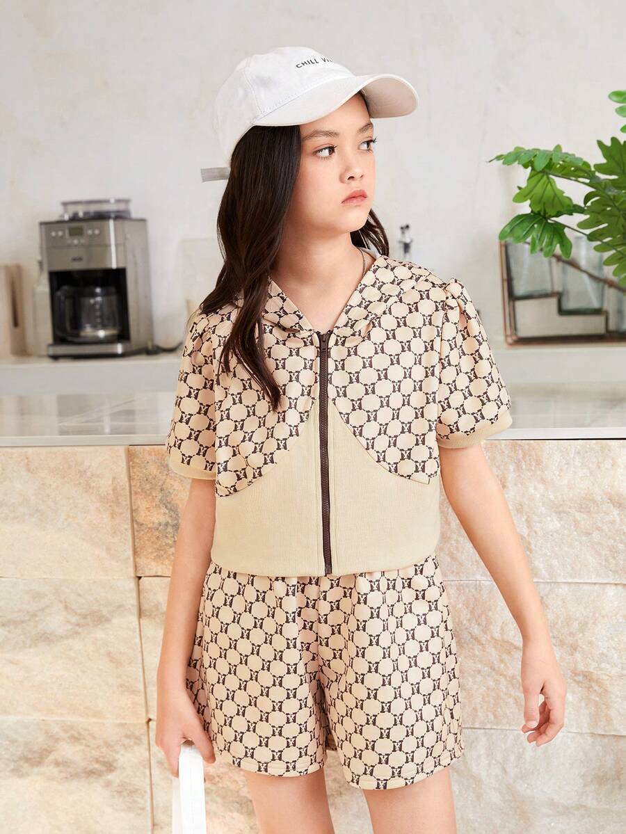 SHEIN Cô gái Tween Giải trí áo có mũ Áo len Mở Và Bộ quần short - Cà phê nâu - Xem 1