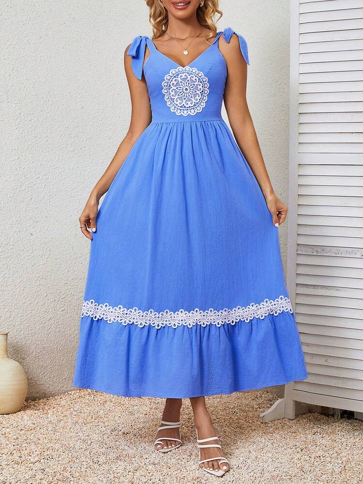 Lace Trimmed Cami Dress With Knot Detailing On Shoulder Straps Maxi Vacation Beach Outfits Women