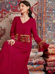 Al Najma Women's Gold Fringe Decorated Arabian Dress