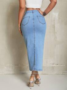 SHEIN SXY Front Slit Slim Fit Denim Skirt - Light Wash - View 3