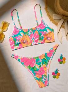 SHEIN Swim Summer Beach Floral Print Bikini Set - Multicolor - View 1