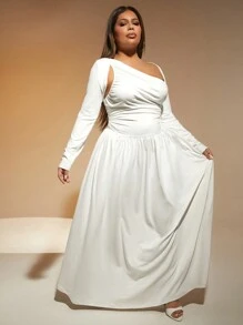 SHEIN SXY Robe longue à manches longues avec encolure asymétrique et effet ajouré pour femmes grande taille
