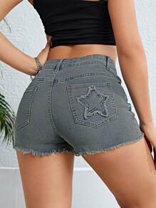 Shorts De Mezclilla Con Parche De Estrella Y Bordado - Azul lavado medio - Ver 1