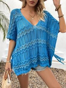 Breezaya V-Neck Batwing Sleeve Knitted Top - Blue - View 3