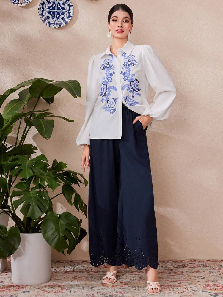 Women's Floral Print Lantern Sleeve Shirt With Prominent Positioning Printing