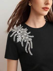 MOTF PREMIUM Camiseta Decorada Con Cuentas De Perlas Para Mujer